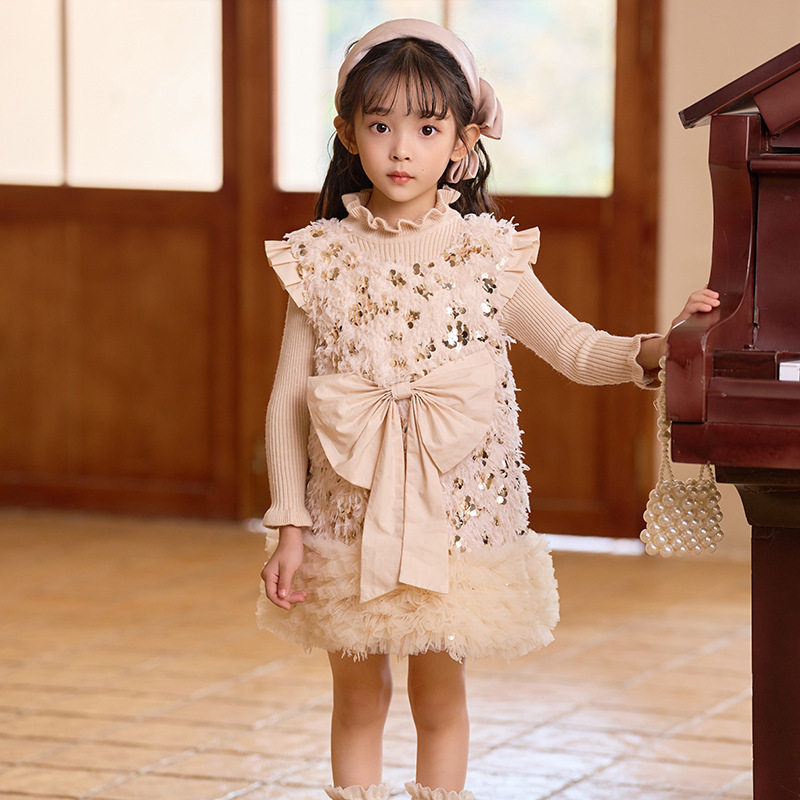 韩范痞帅小女童装2025秋季亮片背心连衣裙洋气新款蝴蝶结女童公主