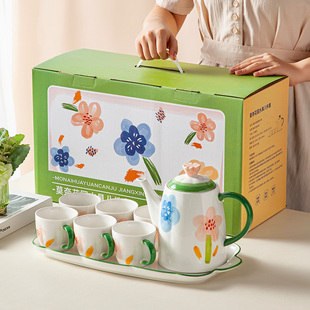 创意茶具冷水壶8件套商务礼品 晋宝源莫奈花园家用陶瓷水具套装