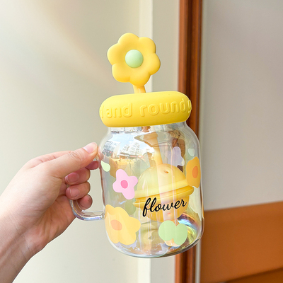 玻璃杯带盖带把手耐高温吸管杯