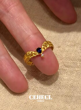 vintage复古金色羽毛戒指女显白