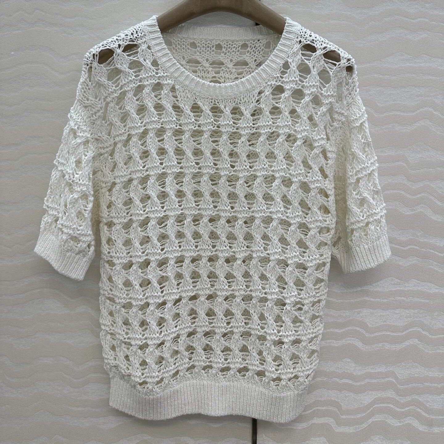 韩版进口亚麻纯棉纱线针织套头圆领高腰宽松百搭缕空T恤上衣女