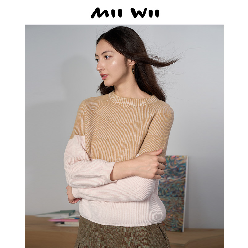 MIIWII/末·未卡其拼粉针织衫