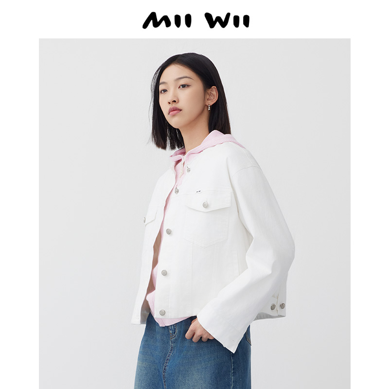 末未白色牛仔夹棉无领外套