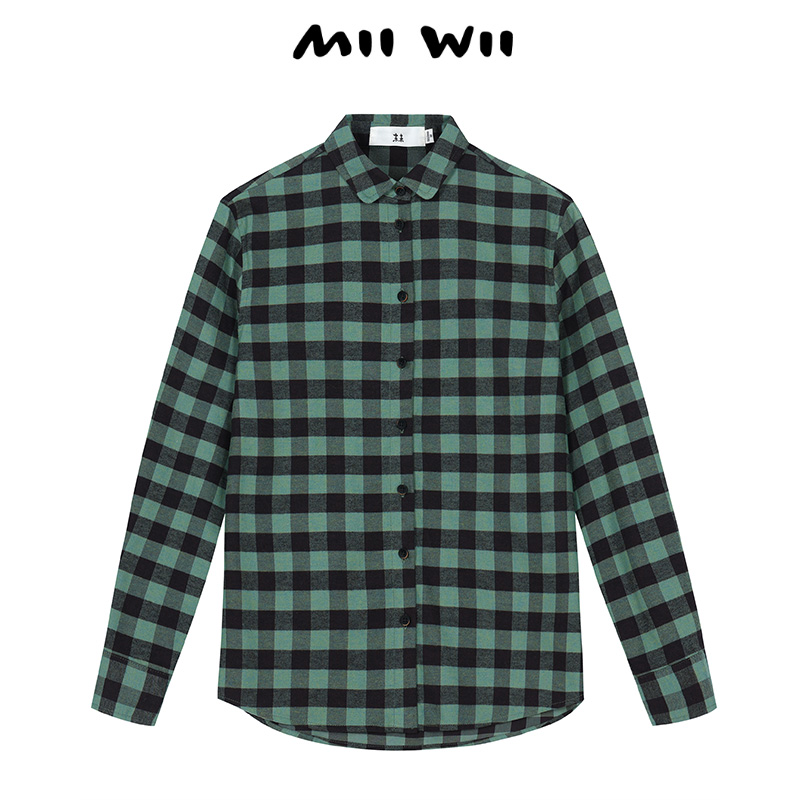 MIIWII末未24冬绿黑格全棉色织格磨毛料女士衬衫C244601