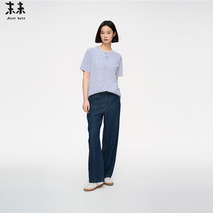 上衣女T252102 MIIWII末未25夏纯棉蓝白条纹色织针织短袖