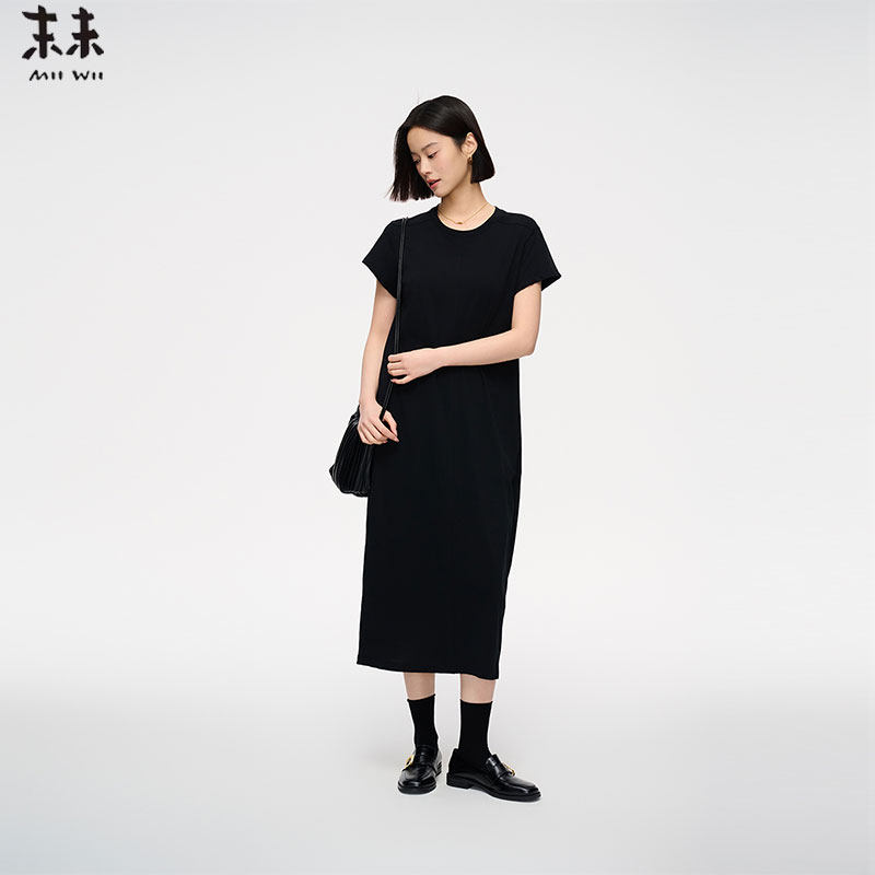 MIIWII末未25夏新款黑色圆领显瘦针织长连衣裙女L252248