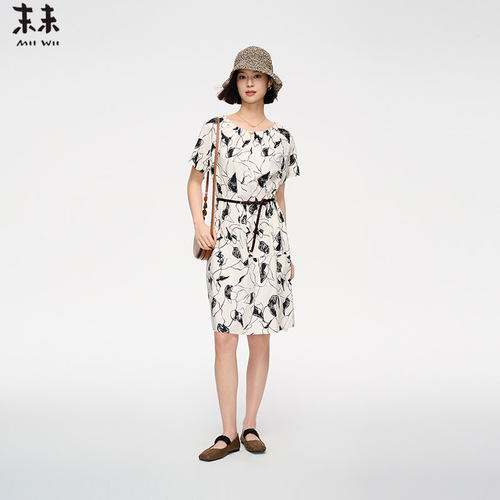 MIIWII末未25夏米底黑花全棉收腰花卉连衣裙女L252417