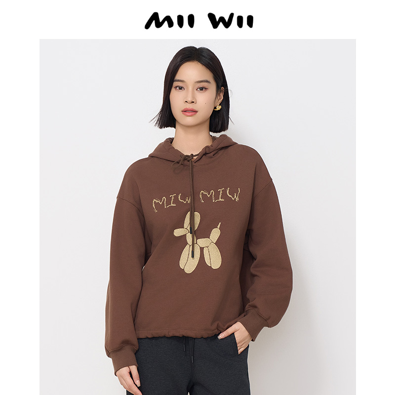 末未MIIWII24冬咖色拉绒针织连帽长袖卫衣S244513女士