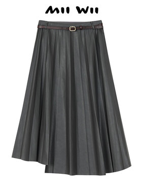 【断码清仓】末未MIIWII23秋灰色压褶半裙（配腰带）女Q233279