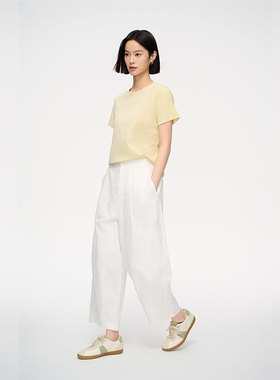 MIIWII末未25夏黄色高弹针织上衣休闲圆领短袖T恤女T252303