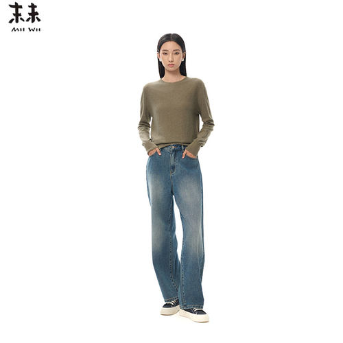 MIIWII末未25秋干草绿针织套头衫简约长袖亚麻针织上衣女X253240