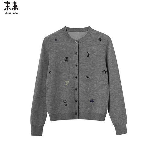 MIIWII末未25冬灰色圆领通勤百搭休闲卫衣开衫针织外套女X254129