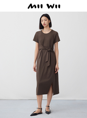 末未MIIWII24夏军绿色绑结针织长连衣裙L242414女士