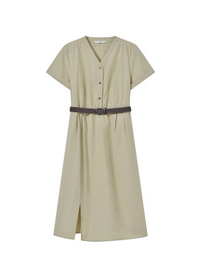 MIIWII末未25夏米绿色全棉V领收腰知识分子风连衣裙女L252306