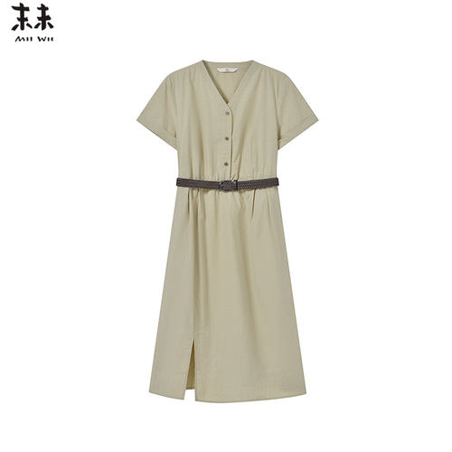 MIIWII末未25夏米绿色全棉V领收腰知识分子风连衣裙女L252306