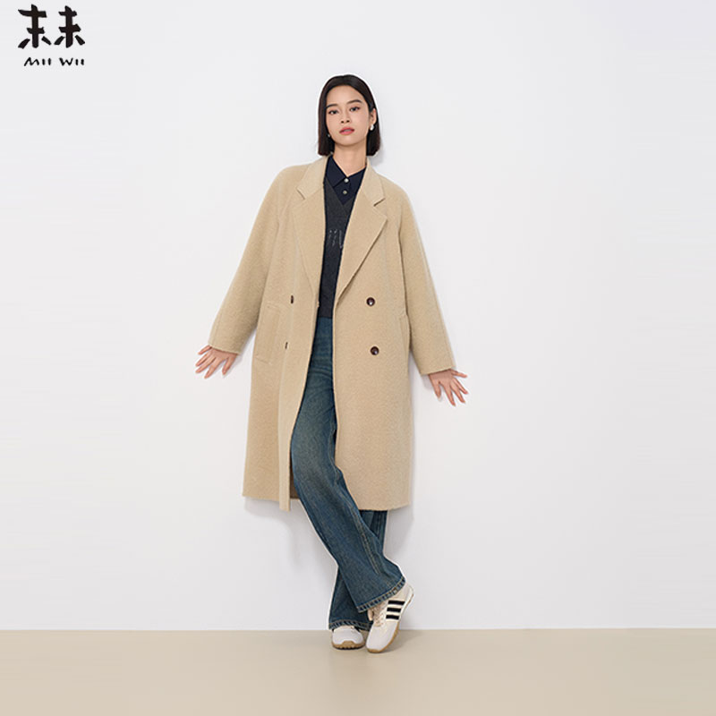 MIIWII末未24冬米杏色双面呢长款通勤百搭极简廓形大衣女D244206