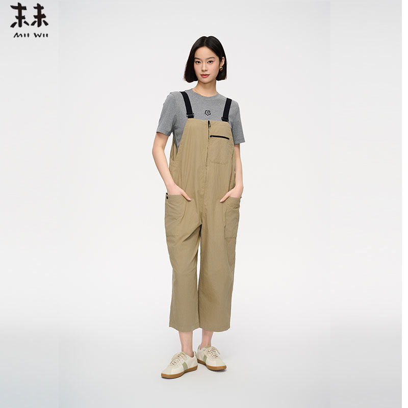 MIIWII末未25夏卡其色休闲直筒裤减龄背带裤女K252207