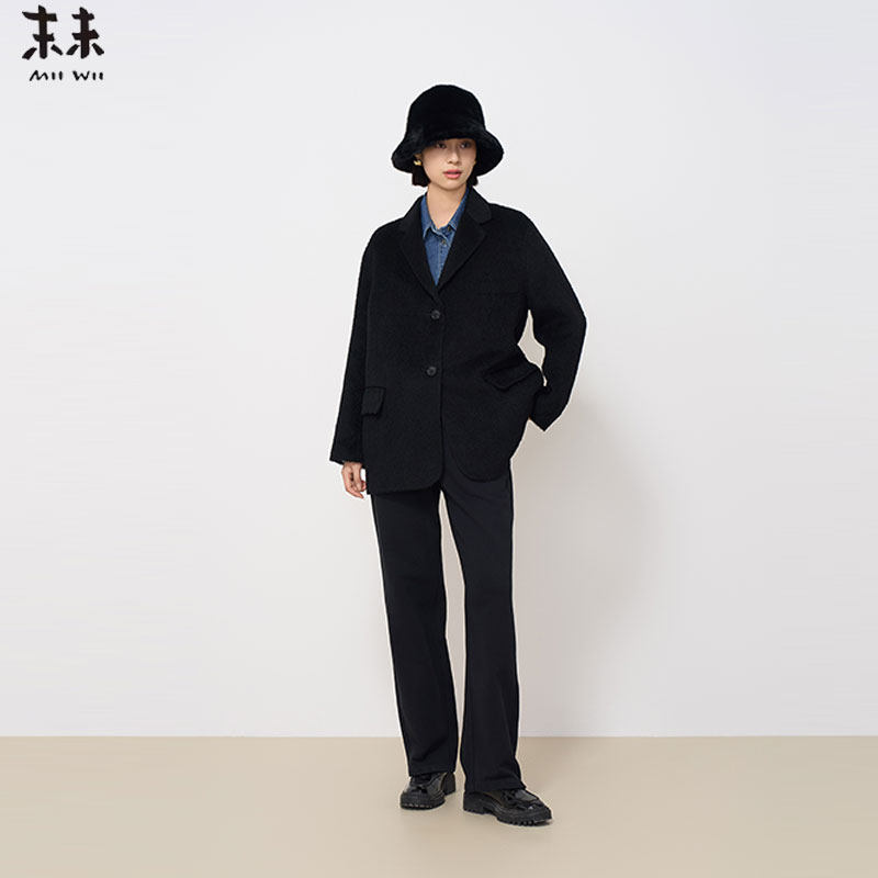 MIIWII末未24冬黑色翻领宽松外套简约粗花呢西装外套女W244620