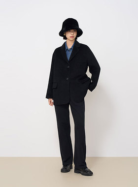 MIIWII末未24冬黑色翻领宽松外套简约粗花呢西装外套女W244620