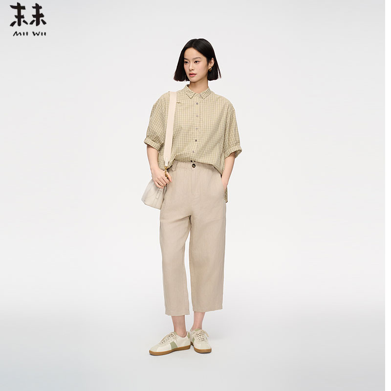 MIIWII末未25夏米绿格子衬衫休闲短袖上衣外套女C252206