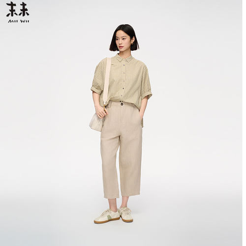 MIIWII末未25夏米绿格子衬衫休闲短袖上衣外套女C252206