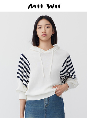 末未MIIWII24春白色袖子拼条纹连帽针织衫X241114女士