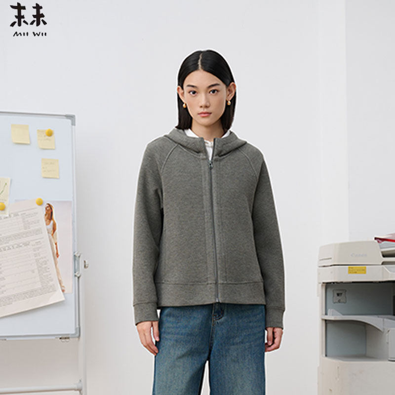 MIIWII末未25冬灰绿色双面拉绒连帽外套休闲卫衣开衫女W254104