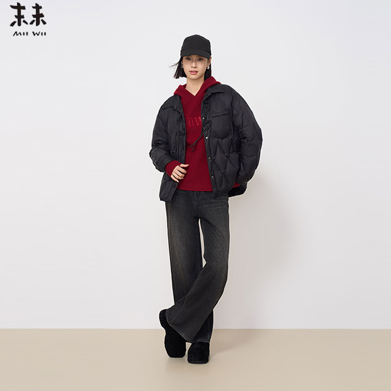 MIIWII末未24冬黑色翻领通勤外套口袋菱格纹绗缝羽绒服女R244617