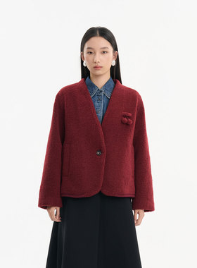 MIIWII末未25冬红色V领通勤外套休闲保暖羊羔毛外套女W254528