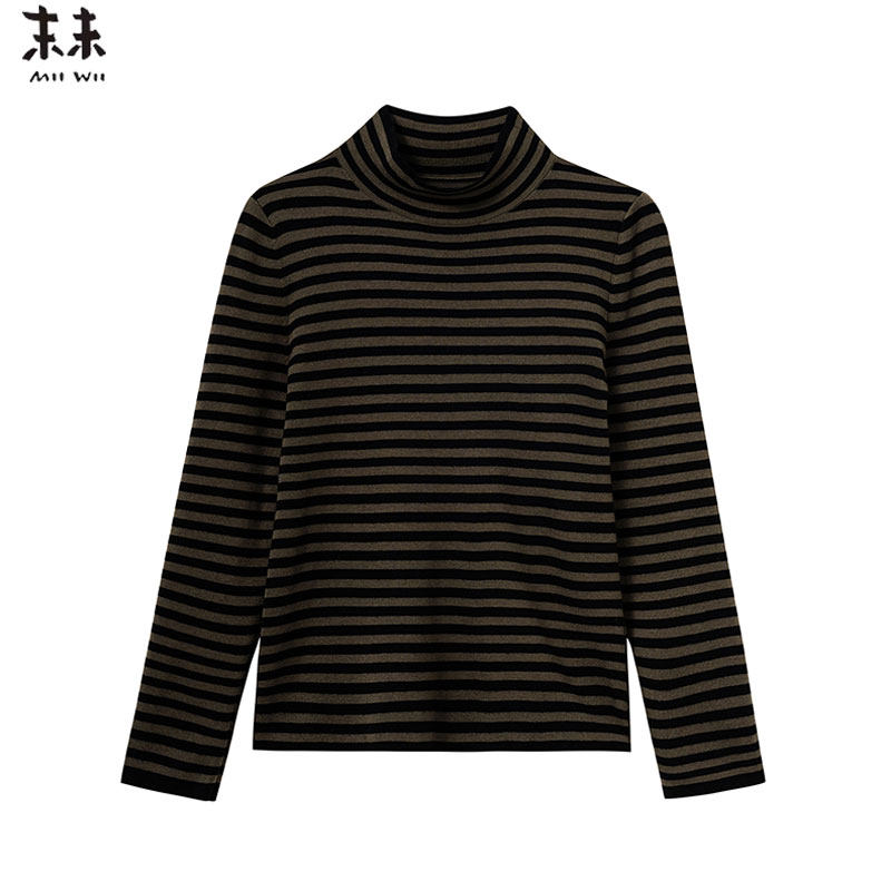 MIIWII末未25冬黑绿条立领针织套头衫条纹针织内搭上衣女X254115