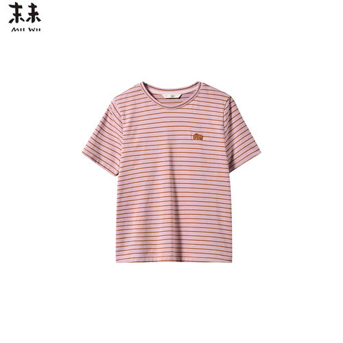 MIIWII末未26夏粉咖条圆领上衣条纹针织衫休闲短袖T恤T262720