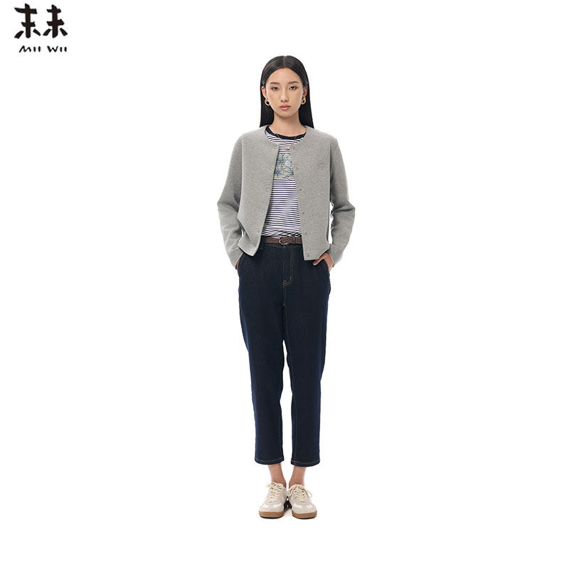 MIIWII末未25秋深蓝色休闲牛仔长裤显瘦百搭拉链牛仔裤女K253236