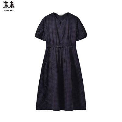 末未夏黑蓝格全棉收腰显瘦连衣裙