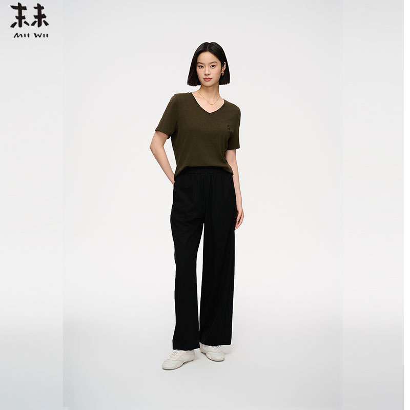 MIIWII末未25夏黑色垂感直筒裤百搭针织宽腿裤女K252247