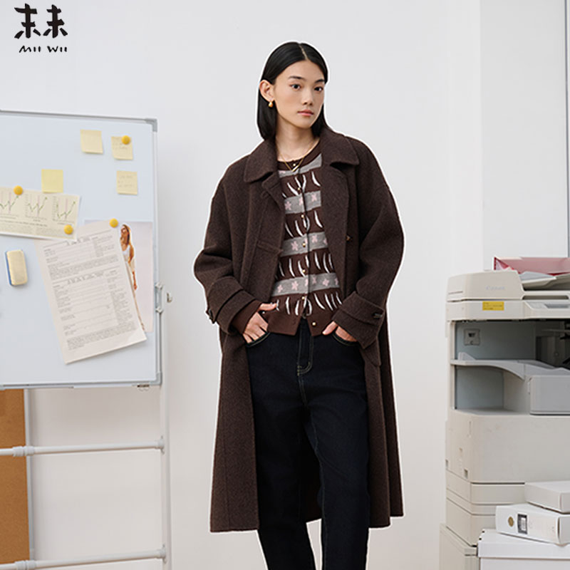 MIIWII末未25冬咖色双面呢长款大衣通勤极简廓形大衣女D254415