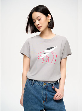 MIIWII末未25春全棉灰色双面针织印图上衣T251143