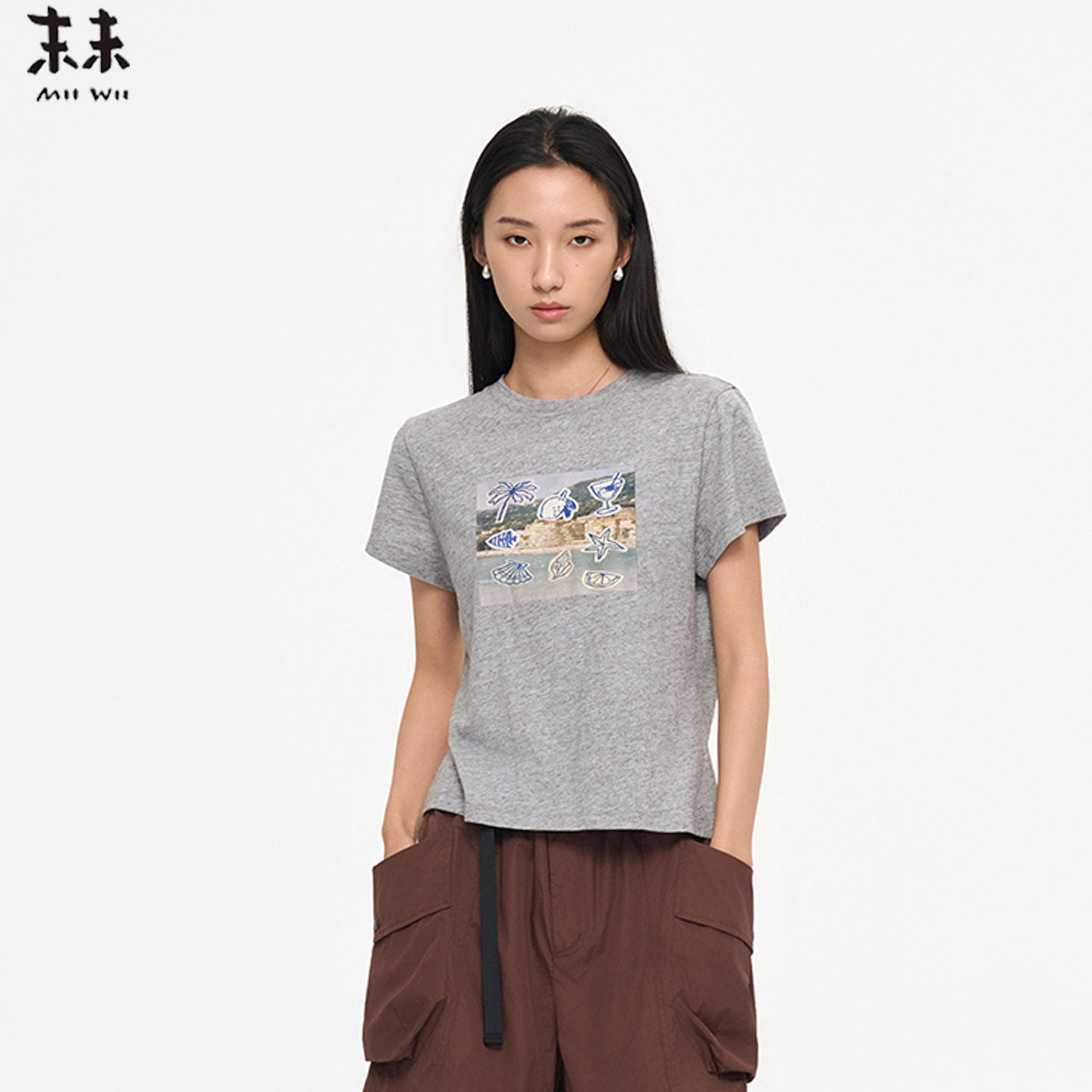 MIIWII末未26夏天丝棉针织海洋贝壳印图上衣简约简笔图案T262529