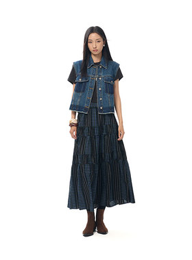 MIIWII末未25秋绿黑格全棉半裙宽松摆裙格纹拼接半身裙女Q253138