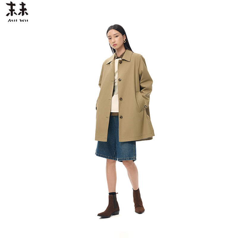 MIIWII末未25秋卡其色全棉斜纹料中长正肩外套廓形风衣女F253235