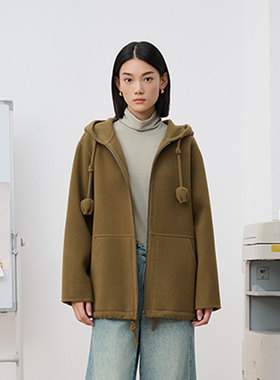 MIIWII末未25冬芥绿色绵羊毛双面呢百搭休闲连帽款大衣女D254215