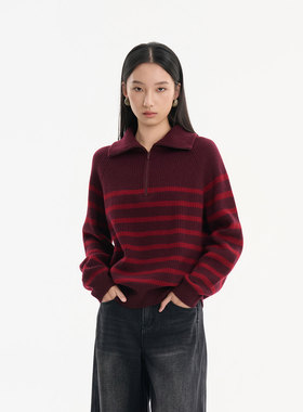 MIIWII末未25冬红色绵羊毛翻领条纹针织衫半拉链套头衫女X254531
