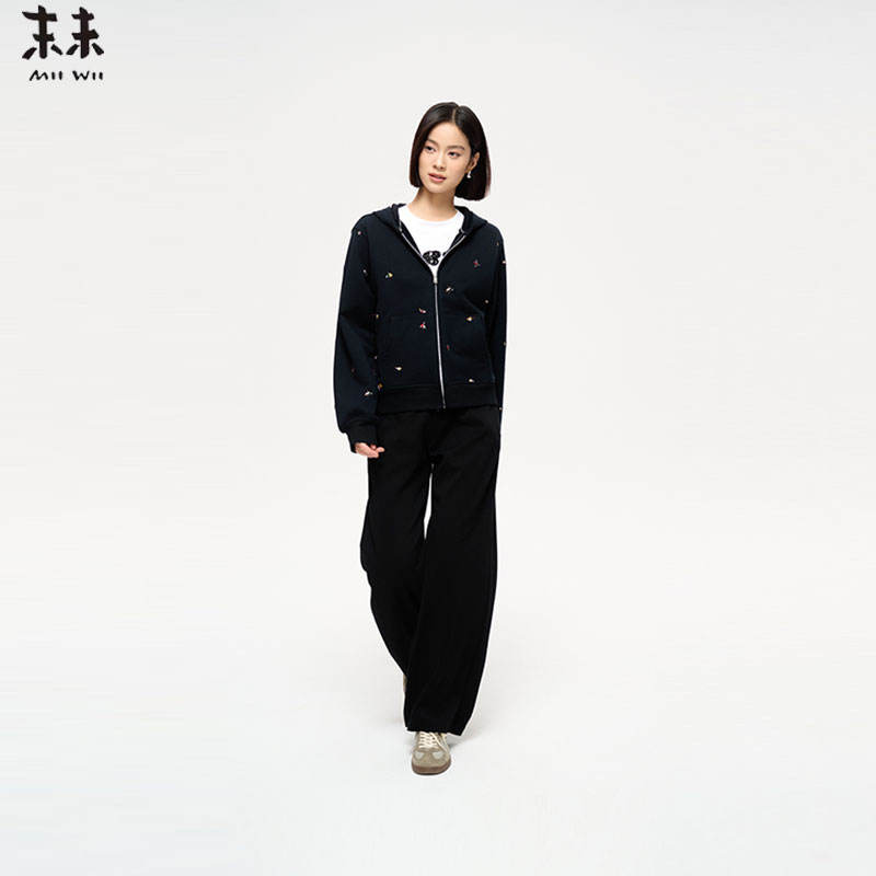 MIIWII末未25春黑色绣花针织连帽外套W251153