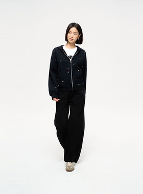 MIIWII末未25春黑色绣花针织连帽外套W251153