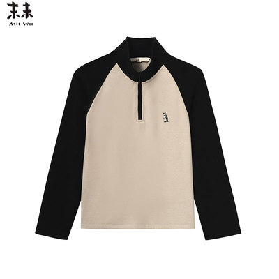 MIIWII末未25冬杏黑拼接针织套头衫立领上衣拼色针织衫女S254220