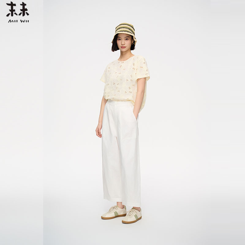 MIIWII末未25夏浅黄色全棉绣花上衣镂空圆领短袖女S252311