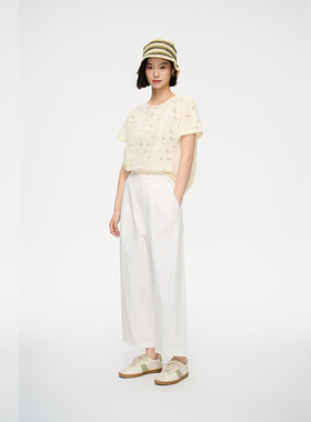 MIIWII末未25夏浅黄色全棉绣花上衣镂空圆领短袖女S252311