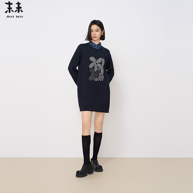 MIIWII末未24冬深藏青衬衫领双面针织呢裙子立体花连衣裙L244111