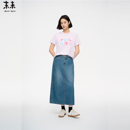 MIIWII末未25夏新款浅紫色针织印图短袖上衣女T252112