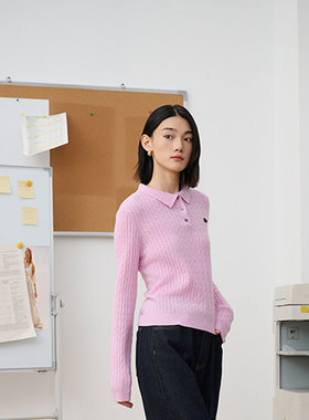 MIIWII末未25冬粉红色针织翻领套头衫休闲糖果色针织衫女X254132