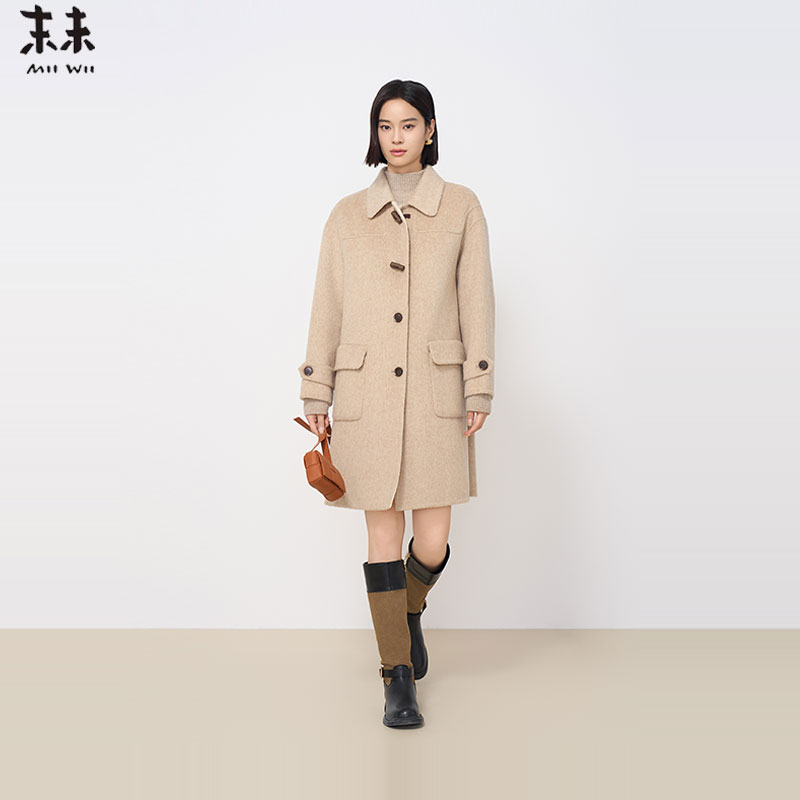 MIIWII末未24冬燕麦色翻领长款绵羊毛休闲简约大衣女D244405